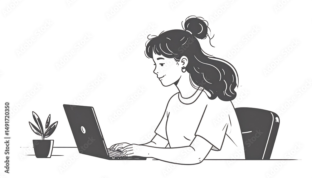 Woman at Desk, Laptop, Plant, Line Art, Focus, Minimalist, Illustration. Woman at Desk, Laptop, Plant, Line Art, Focus, Minimalist, Illustration.