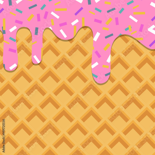 Melting ice cream with colorful candy sprinkles on wafer background. Waffle cone with dripping pink dessert texture. Minimal flat design for template banner, poster, label, Vector illustration