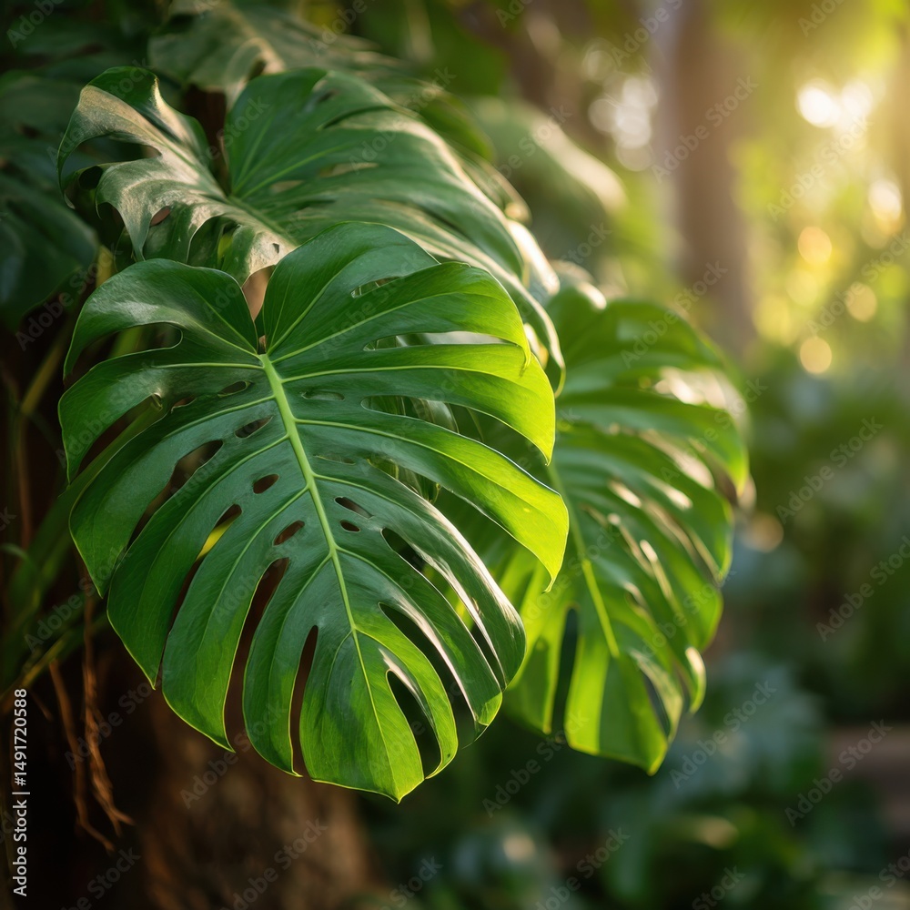 Obraz premium Close up of Monstera Deliciosa leaves in a lush garden setting with natural sunlight creating a serene and vibrant tropical scene