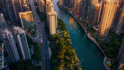 Urban river winding through high-rise city