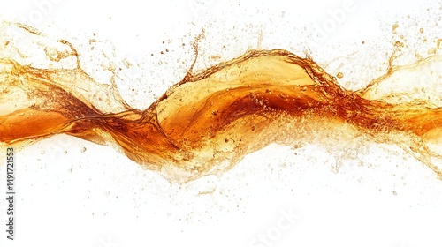 Amber liquid flowing dynamically, creating a wave-like splash against a white backdrop.  Its texture is visible in the detailed ripples and spray