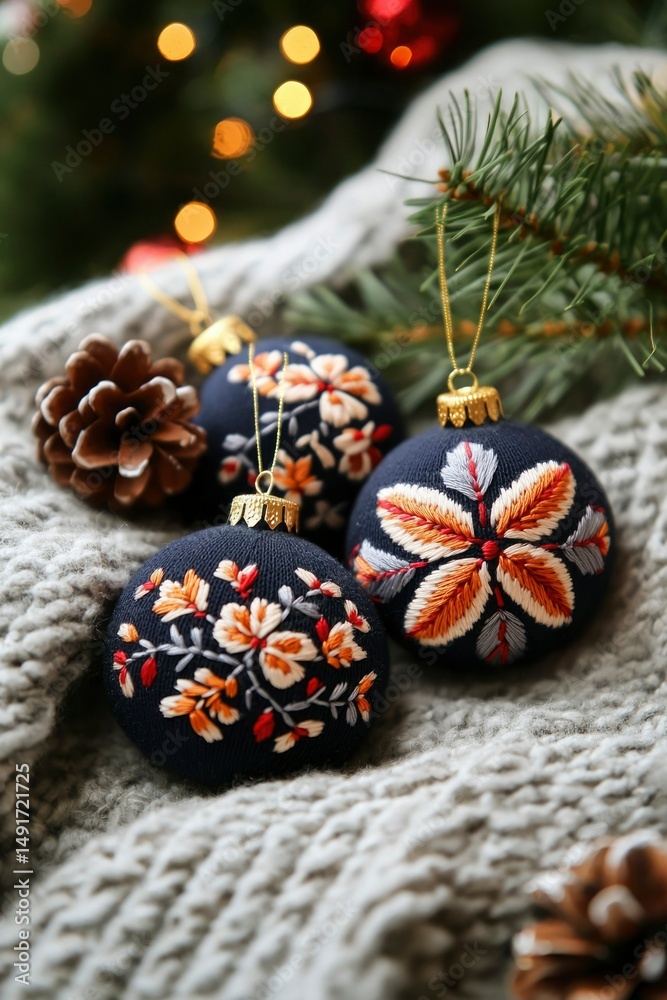 Fototapeta premium Festive embroidered Christmas ornaments