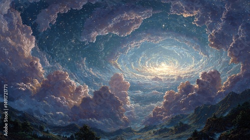Celestial vista through swirling clouds, a breathtaking panoramic view of a landscape beneath a star-studded sky