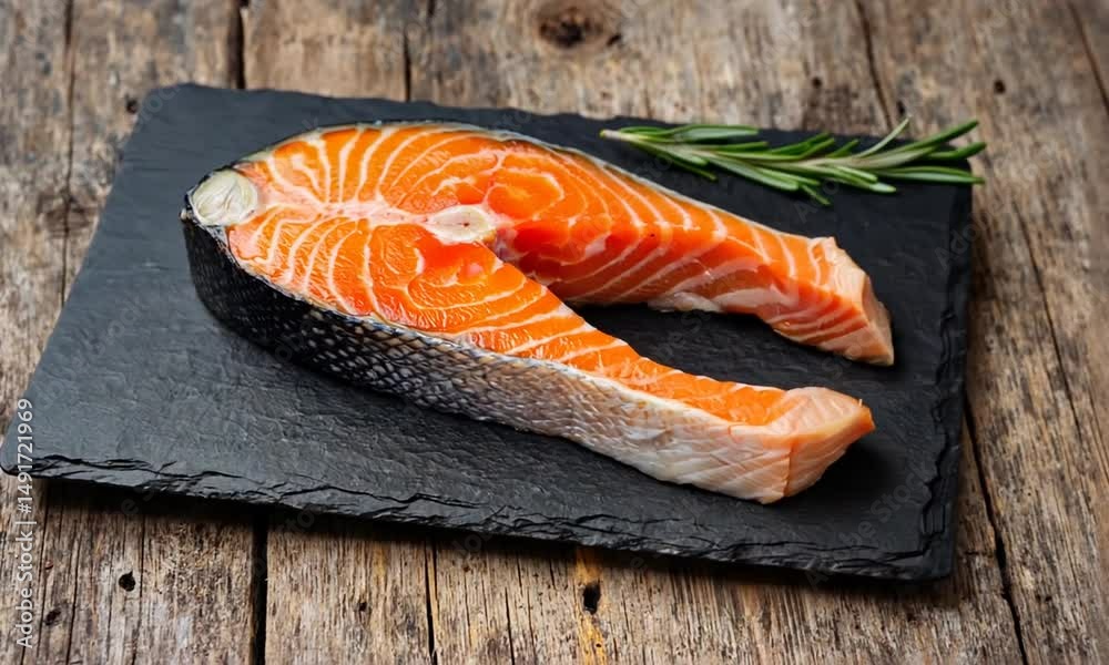 Fresh salmon fillet on a rustic slate board with rosemary, showcasing culinary preparation