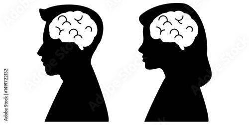 Silhouette vector of man and woman with brain inside head, symbolizing thought, psychology, gender, and mental activity. Ideal for education, health, and human behavior illustrations.