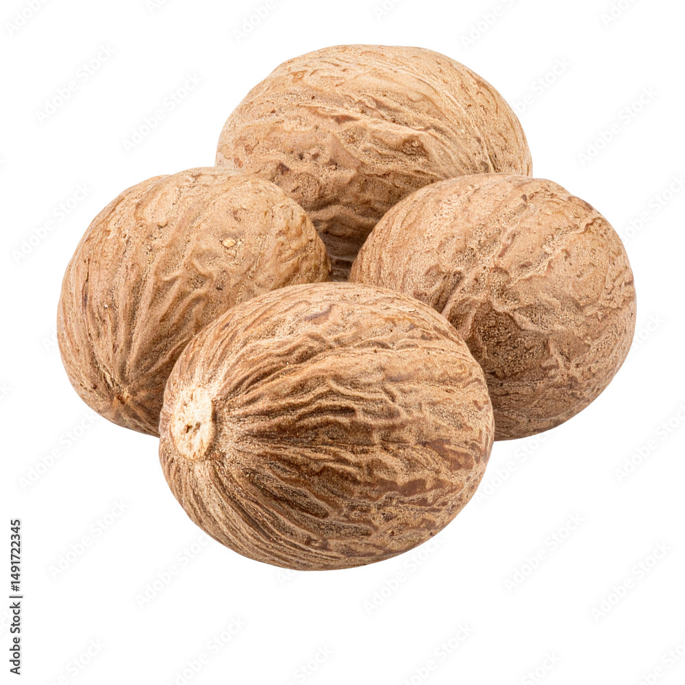 Four whole nutmeg seeds with a wrinkled, brown outer surface. Four whole nutmeg seeds with a wrinkled, brown outer surface.
