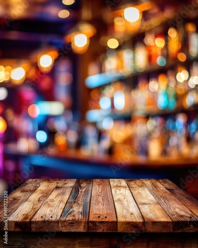 Rustic wooden table surface against blurred bar interior with colorful bottles and lights bokeh background