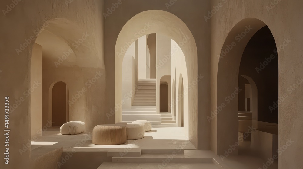 Fototapeta premium Beige interior spaces with arched doorways and light.