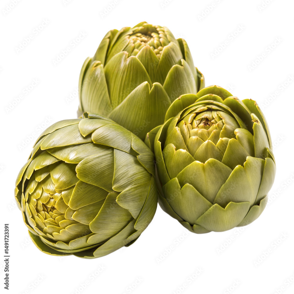 Obraz premium Three artichokes are grouped tightly, displaying their textured green bracts, isolated on transparent background