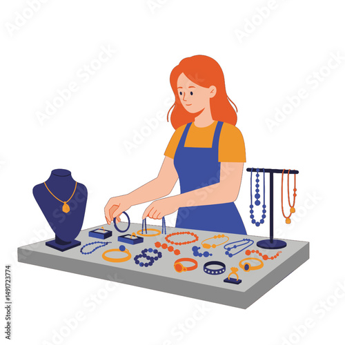 Woman Arranging Colorful Jewelry On Display Table