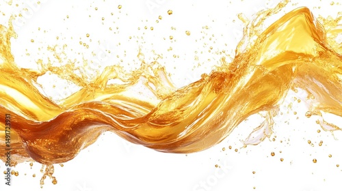 Amber liquid flowing dynamically, creating a wave-like splash against a white background.  Tiny droplets surround the main stream