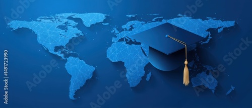 Graduation cap over world map representing global education and international study in blue network style