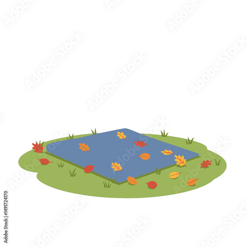 Autumnal Plaid Picnic Blanket On Grass With Fallen Leaves