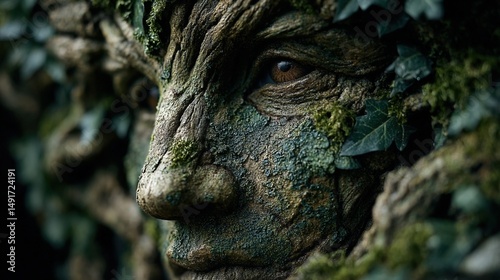 Close-up of a face, seemingly made of gnarled wood and moss, with intricate details.  Intense, ancient eyes and weathered skin photo
