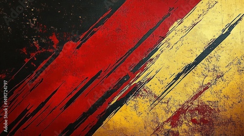 Abstract textured surface with diagonal streaks of red, yellow, and black paint showing worn, scratched, and distressed areas