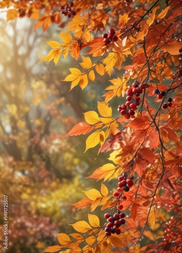 Close-up of vibrant autumn leaves and berries, blurred floral bokeh , blurred, plant