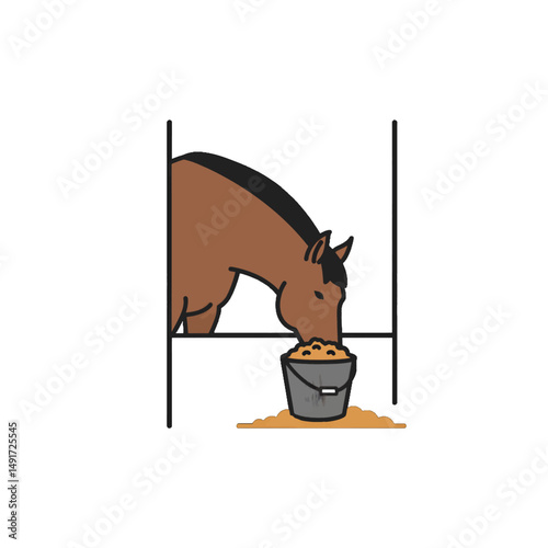 Brown Horse Eating From Bucket In Stable