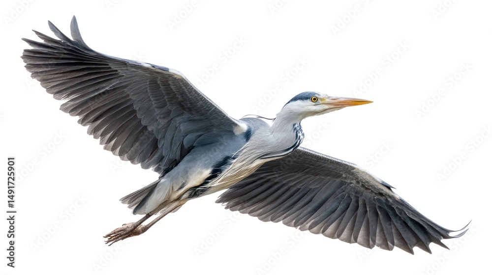 Fototapeta premium A heron flying with long neck extended, wings wide, centered in the frame, white background, high-resolution, detailed feathers, studio lighting
