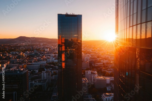 City skyline at sunset, modern skyscrapers, urban landscape