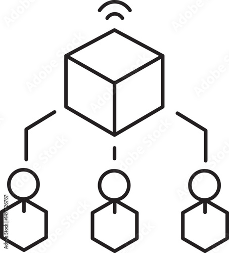 Simple black and white illustration depicts cube connected to three individuals, symbolizing network or distribution system. cube has wireless signal icon above it, indicating connectivity or data