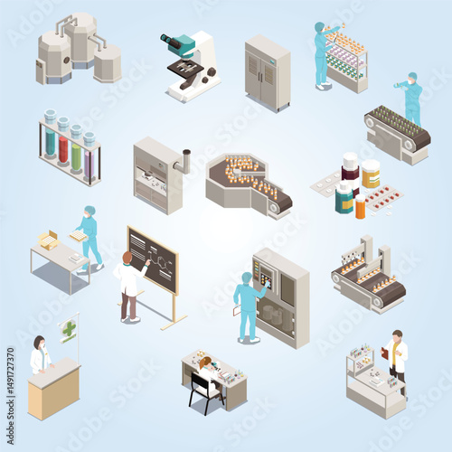 Pharmaceutical production isometric icon set with scientist at work and drug manufacturing illustration automatic tablet worker sterile manufacture 3d