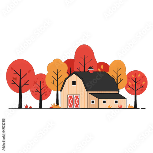 Autumnal Barn Scene With Colorful Trees