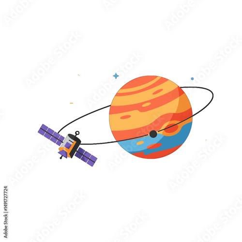 Colorful Illustration Of Satellite Orbiting Planet