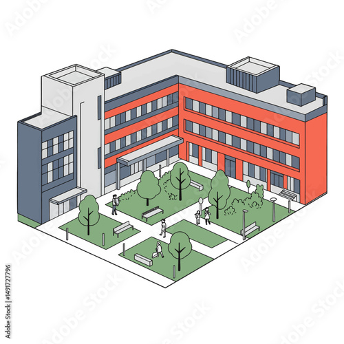 Isometric Campus Building Illustration With Courtyards