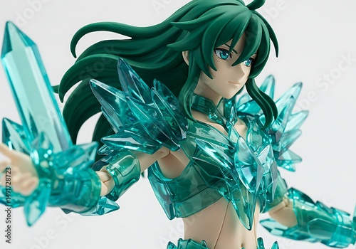 Anime figure action toy character crystal armor green hair sword pose collectible figurine manga hero