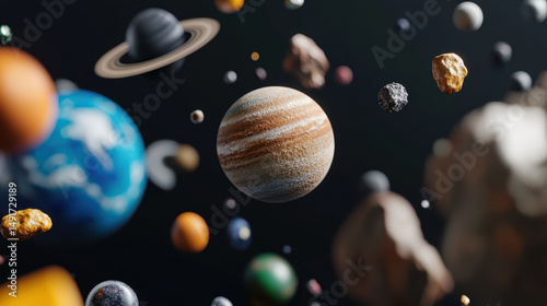 A collection of planets and rocks in space
