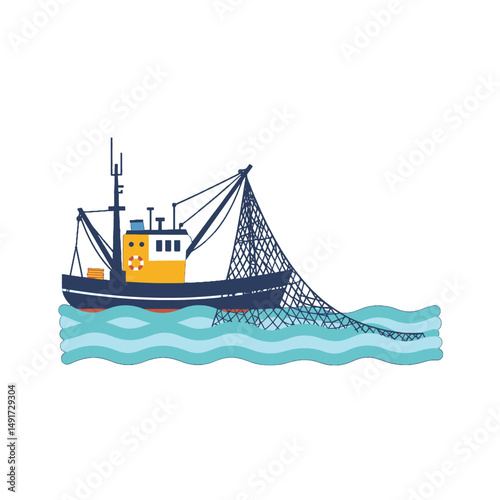 Colorful Pixel Art Fishing Boat With Net In Water