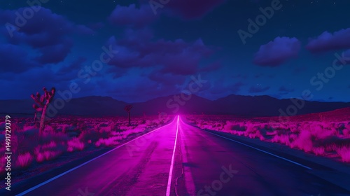 Neon pink road in desert landscape at night