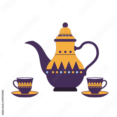 Ornate Tea Pot And Cups Illustration