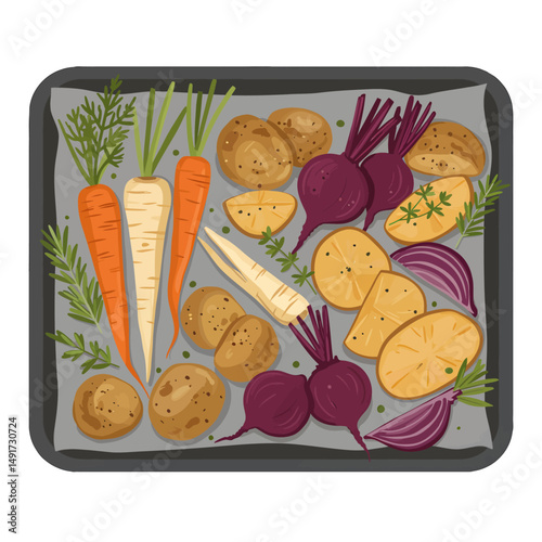 Colorful Roasted Vegetables On Baking Tray