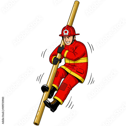 Firefighter Climbing Pole Cartoon Illustration
