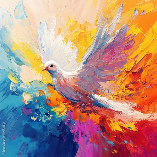 Vibrant and colorful dove painting, abstract Christian art representing the Holy Spirit, generative AI creative concept