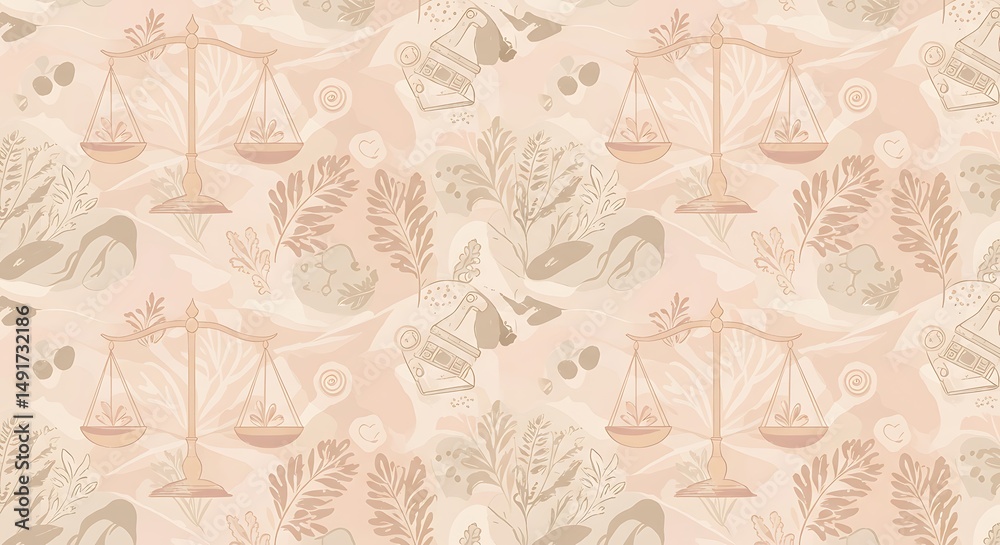 Obraz premium Seamless pattern of scales of justice with floral elements for legal and law themed designs or backgrounds