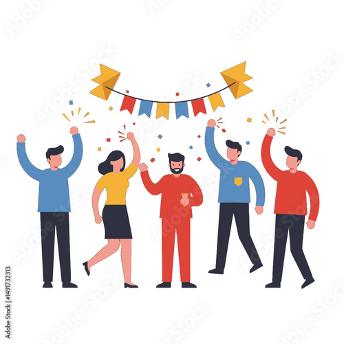 Group Celebrating with High Fives and Confetti