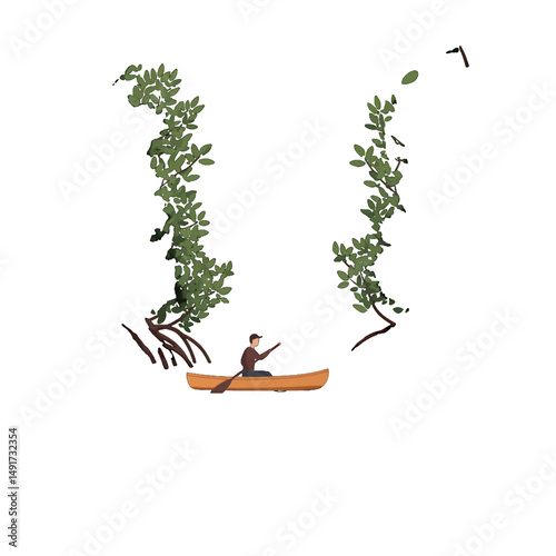 Pixel Art Canoeist Amidst Trees