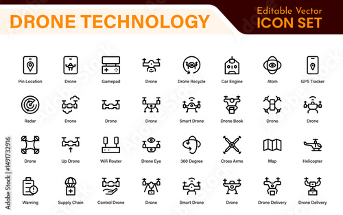 Принти на полотні Modern Drone Technology Icons – Clean Outline, Line Art, and Vector Illustration