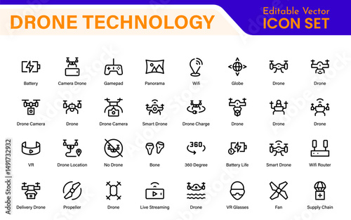 Modern Drone Technology Icons – Clean Outline, Line Art, and Vector Illustrations for Drones, UAVs, Aerial Robotics, and Digital Platforms