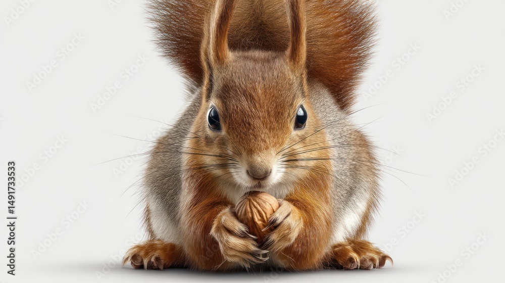 Fototapeta premium A red squirrel holding an acorn, sitting centrally on a white background, detailed whiskers and fur, studio-lit, photorealistic image