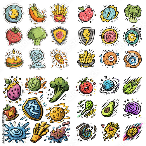 Cute and energetic food icons featuring fruits, vegetables, and nutrient powers in playful style. Perfect for health campaigns, kids' education, and fitness graphics.

