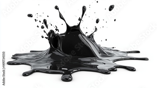A dramatic, high-resolution image showcasing a black liquid's forceful impact, resulting in a captivating splash and splatter pattern against a stark white background