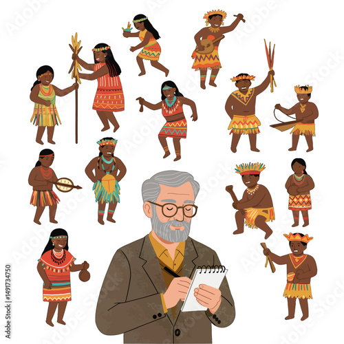 Diverse Tribal People Surrounding Man Writing In Notepad