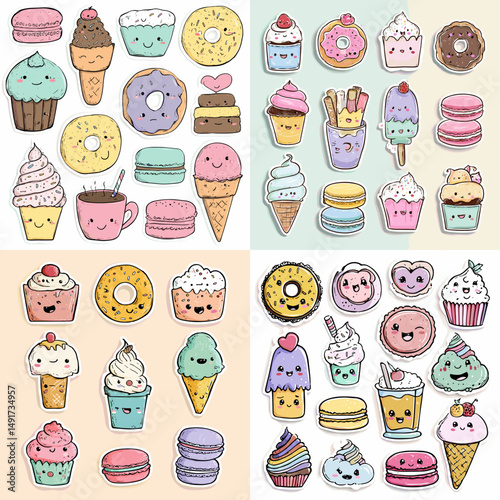 Colorful doodle desserts including donuts, cupcakes, ice cream, and macarons with cute faces. Ideal for food stickers, kids' menus, and kawaii-themed designs.

