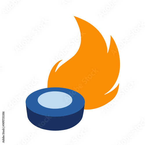 Blue hockey puck with orange flames representing speed and motion in bold vector style