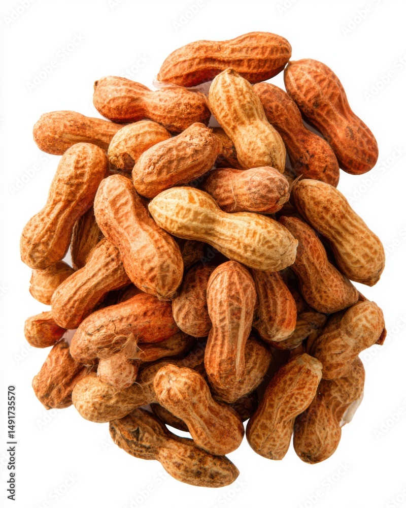 Pile of peanuts in shells against white background studio shot overhead view healthy snack food ingredient agriculture Pile of peanuts in shells against white background studio shot overhead view healthy snack food ingredient agriculture