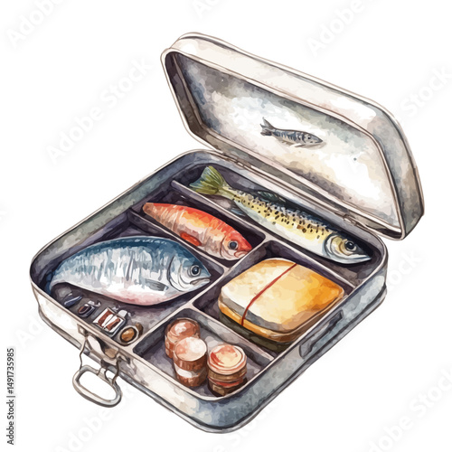 Fishing Survival Kit In A Tin, watercolor painting vector, high quality, isolated on a white background.