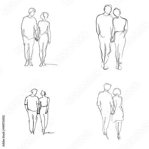 Minimalist line art of couples walking together, showcasing love and intimacy. Ideal for romantic designs, wedding invitations, and modern art prints.

